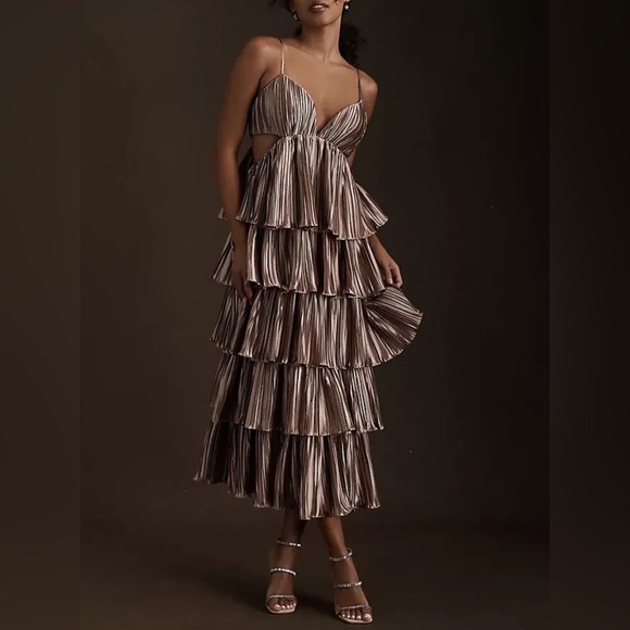 BHLDN Dresses & Skirts - NWT BHLDN by Carly Cushnie Brenna Tiered Pleated V-Neck Cutout Midi Dress bronze